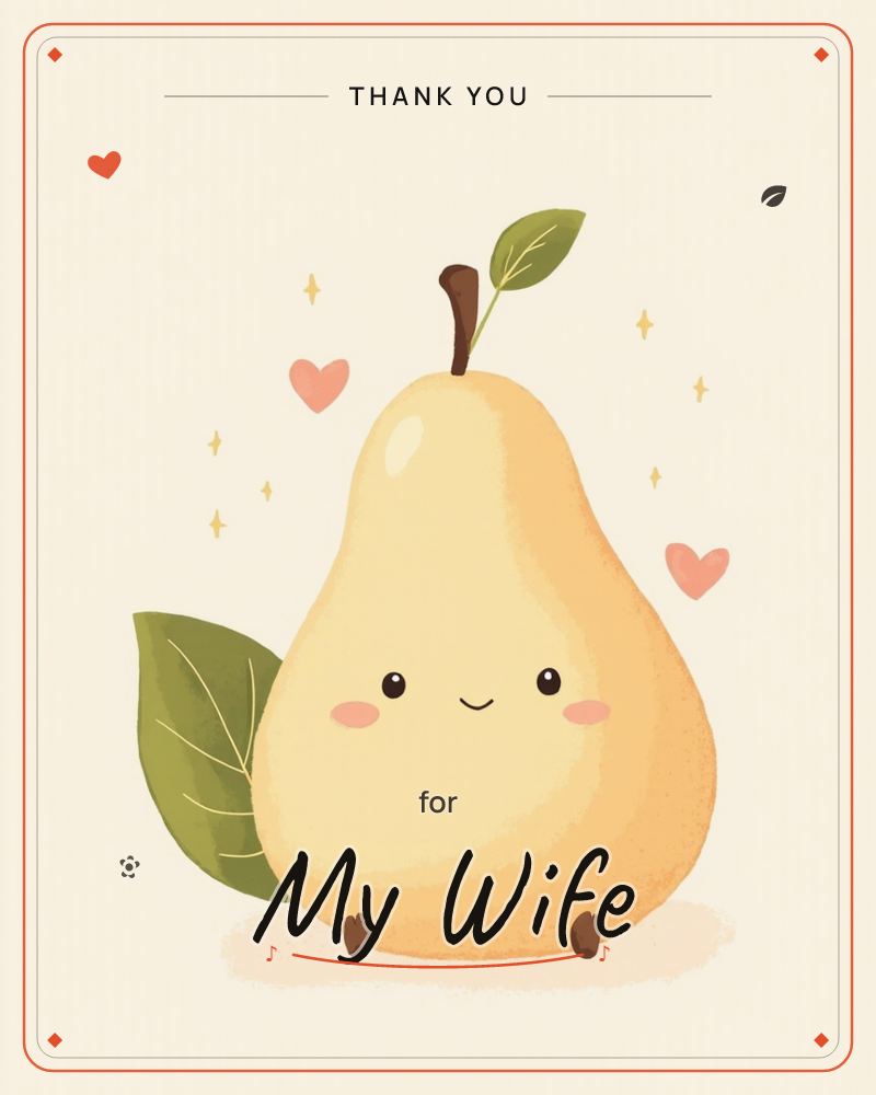 A plump yellow pear with a sweet smiling face sits centre stage, blushing cheeks and tiny stub feet, framed by a large green leaf and a smaller…, a thankyou e-card design