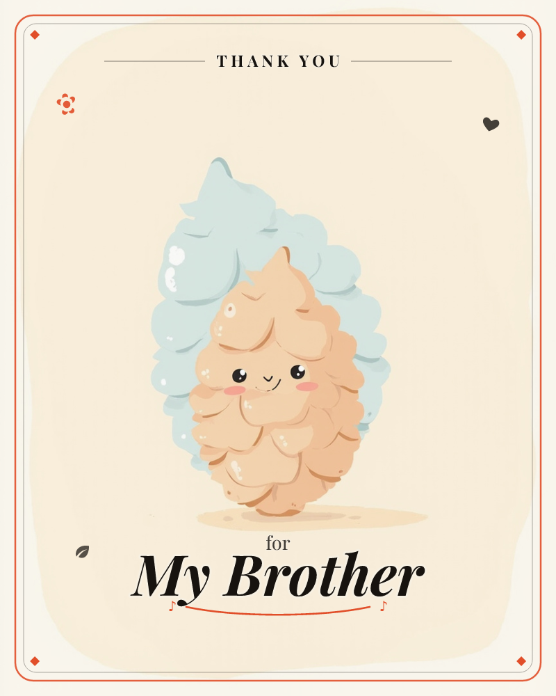 A cheerful little pinecone character with a rosy-cheeked smiling face stands front and centre, its soft scalloped scales rendered in warm tan tones, a thankyou e-card design