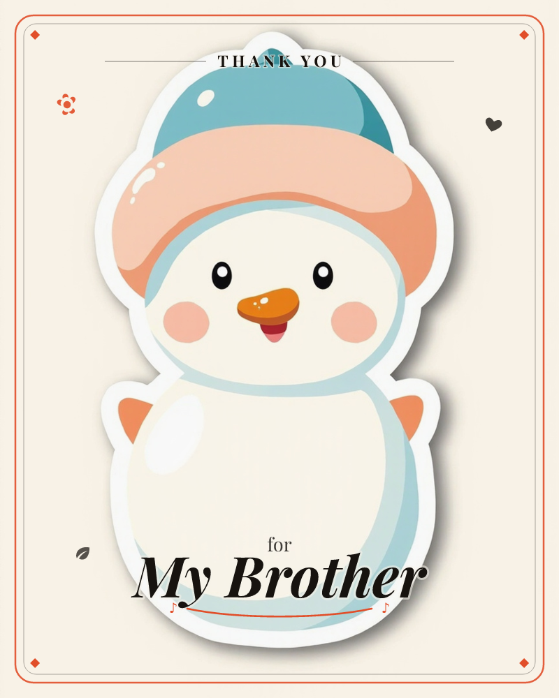 A round, cheerful snowman sticker beams out from a soft cream background, wearing a teal and peach cap pulled low over a carrot nose and rosy cheeks, a thankyou e-card design