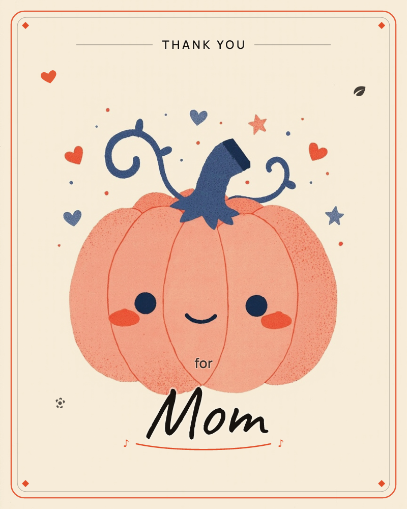 A plump, coral-colored pumpkin with a smiling face and rosy cheeks sits on a warm cream background, its navy stem curling into playful little tendrils, a thankyou e-card design