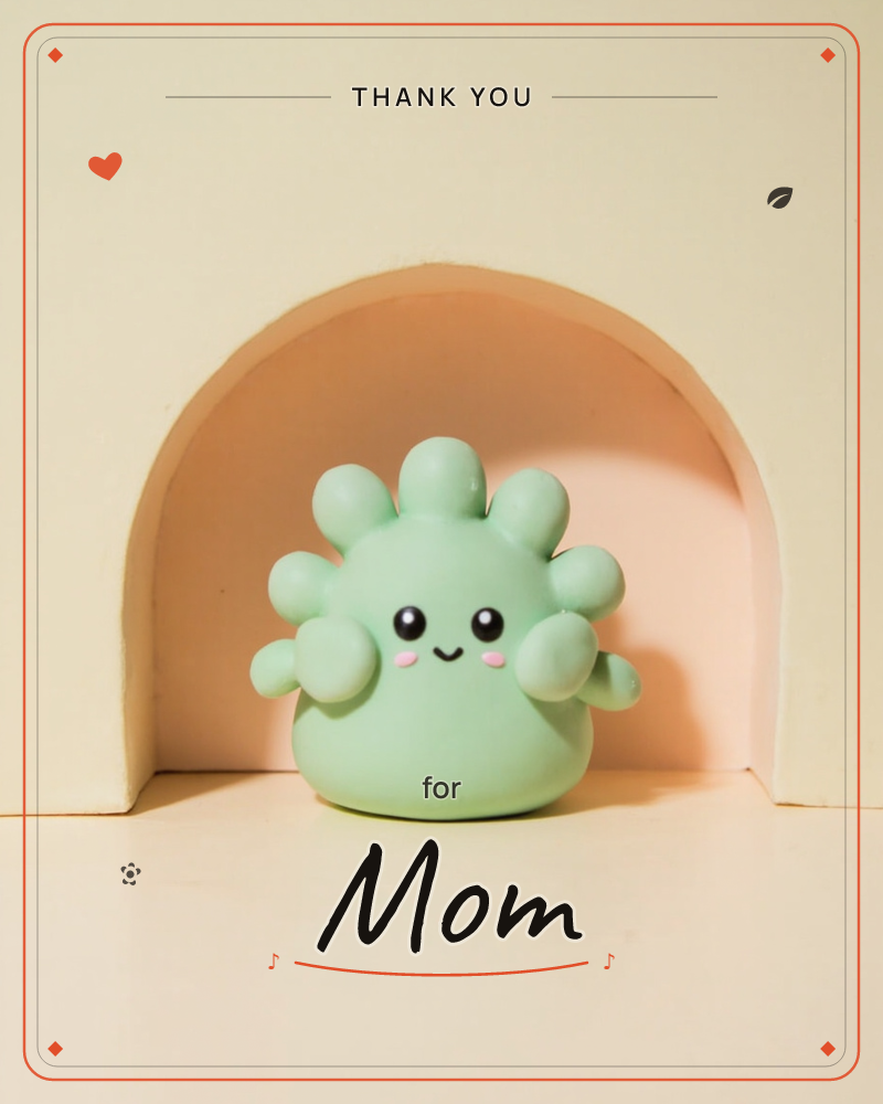A pudgy mint-green creature with stubby spiked bumps, tiny arms, and a beaming blushed face sits inside a cream archway niche, a thankyou e-card design