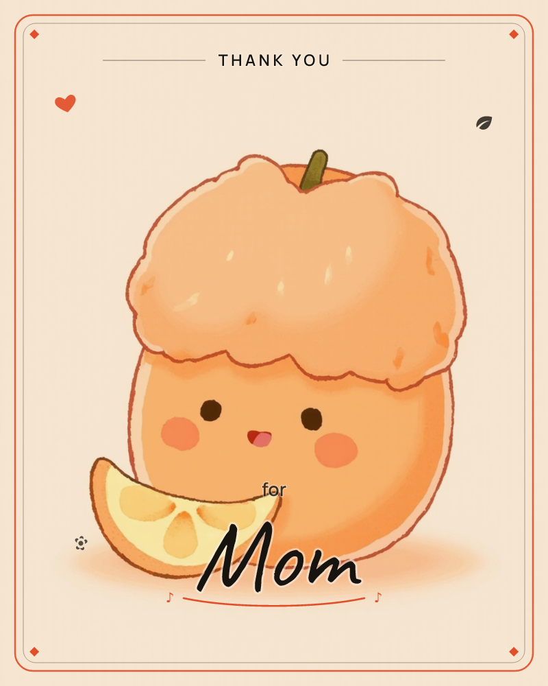 A round, cartoon orange character with a fluffy textured top and a tiny green stem smiles gently on a soft peach background, a thankyou e-card design