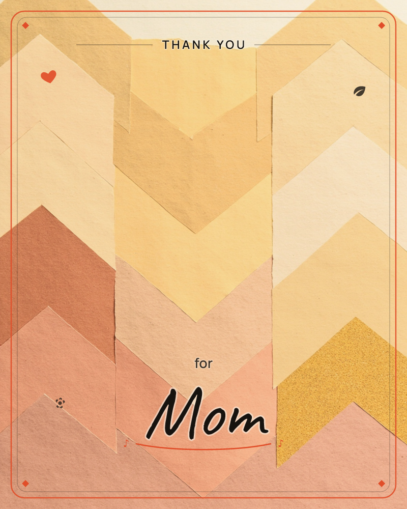 A stack of torn paper chevrons overlaps down the page in shades of butter yellow, terracotta and blush pink, with one panel of flecked gold glitter…, a thankyou e-card design