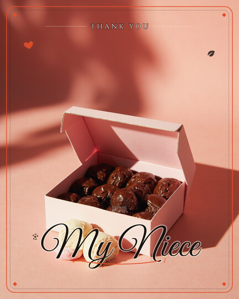 A pale pink box lies open on a matching pink surface, filled with glossy chocolate-covered treats catching the sharp light, a thankyou e-card design