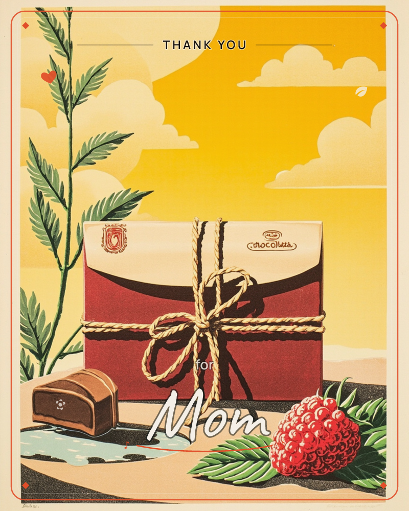 A vintage-style illustration shows a red chocolate box tied with golden twine, its cream flap stamped with an ornate label, set against a glowing…, a thankyou e-card design