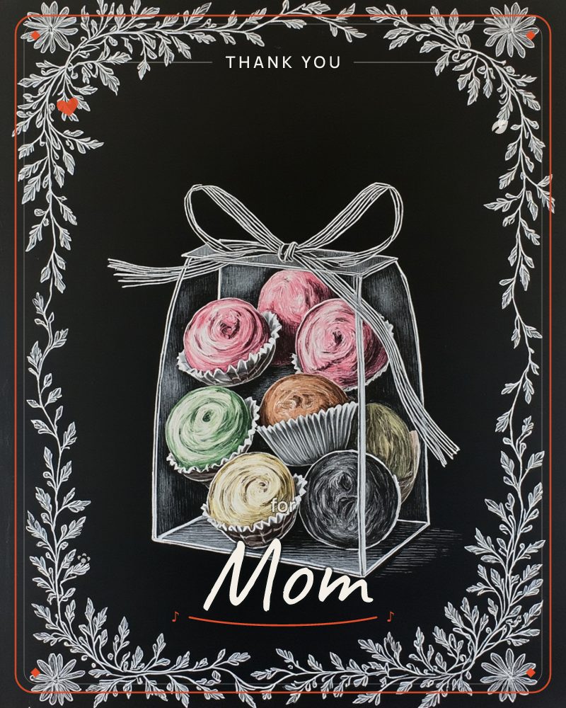 A chalkboard-style illustration shows a box of frosted cupcakes tied with a wide ribbon bow, rendered in fine white line against a black background, a thankyou e-card design