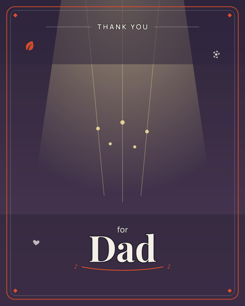 A deep plum-toned illustration shows three thin gold threads hanging from above, each strung with small glowing beads of light, catching a soft beam…, a thankyou e-card design by @DittyCityTeam