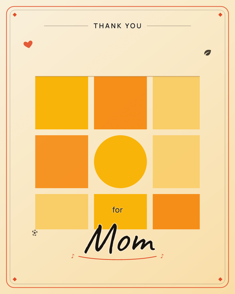 A simple grid of nine warm squares in shifting shades of amber, orange and gold sits against a soft creamy backdrop, with a single golden circle placed…, a thankyou e-card design by @DittyCityTeam
