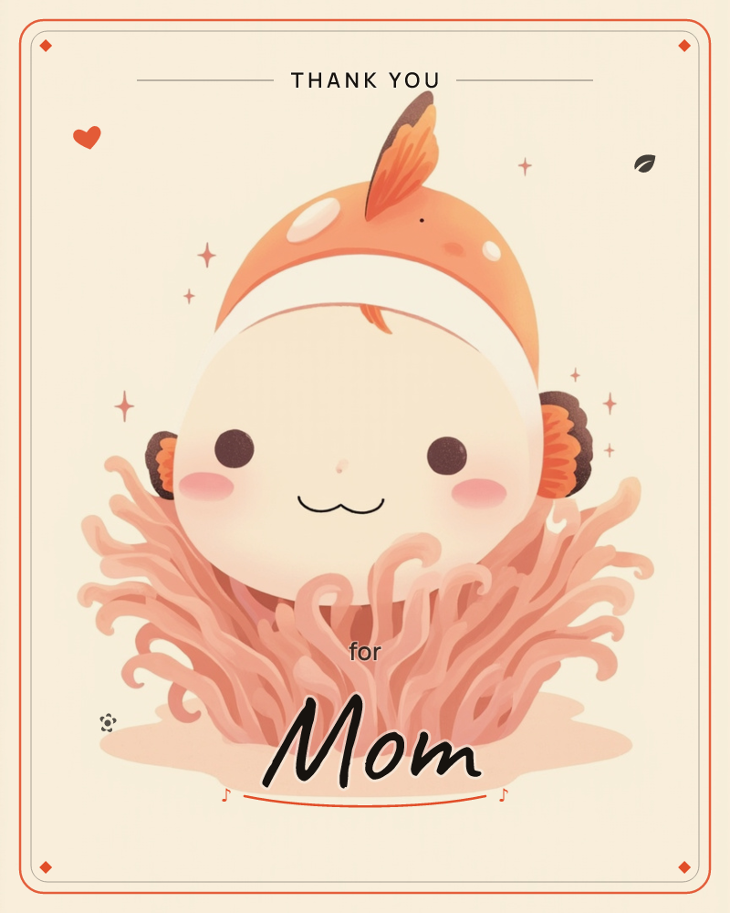 A round, smiling face peeks out from a bed of swaying coral tendrils, wearing a soft orange fish-shaped hood complete with a little fin on top, a thankyou e-card design
