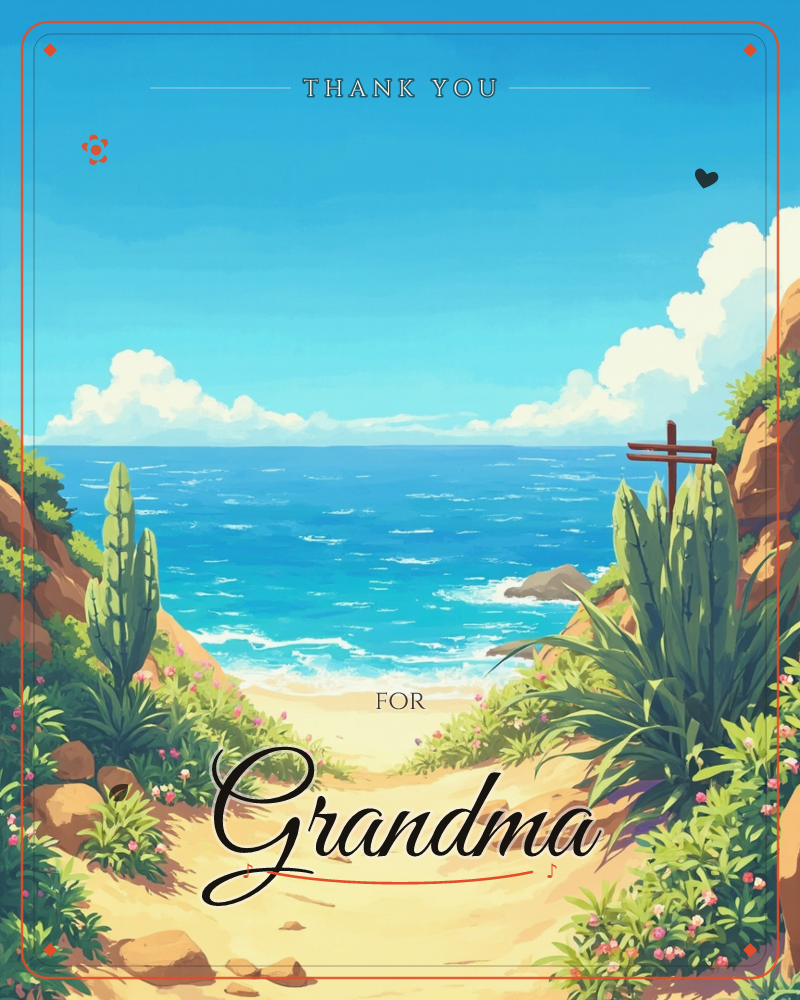 A sandy path winds down between rocky, cactus-covered cliffs to a bright turquoise sea under a wide summer sky, a thankyou e-card design