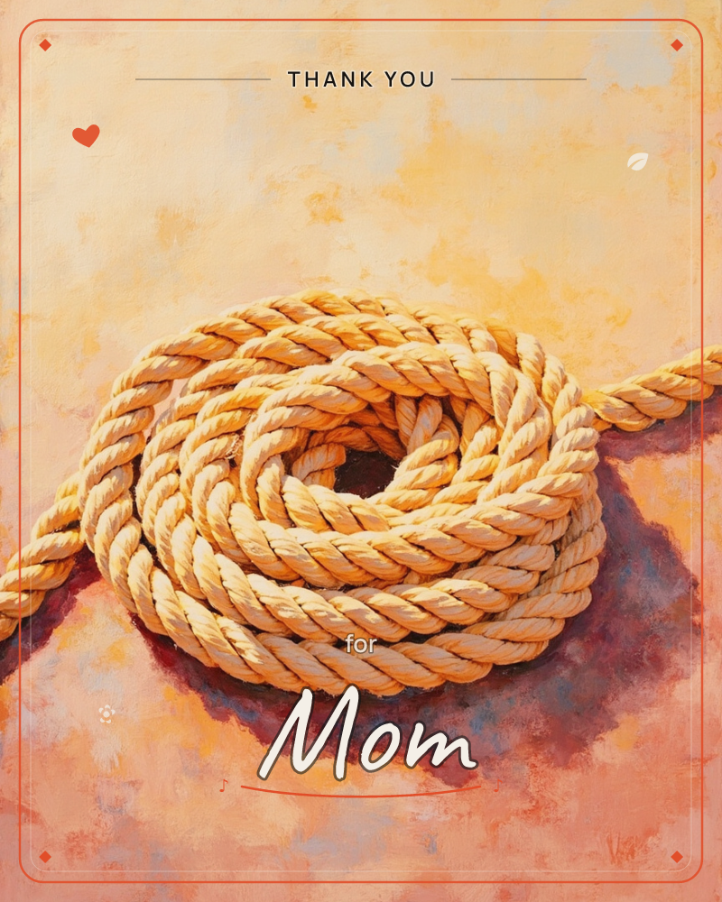 A thick coil of golden rope is painted at the centre of the card, its twisted strands wound into a tight spiral with one end trailing off to the right, a thankyou e-card design