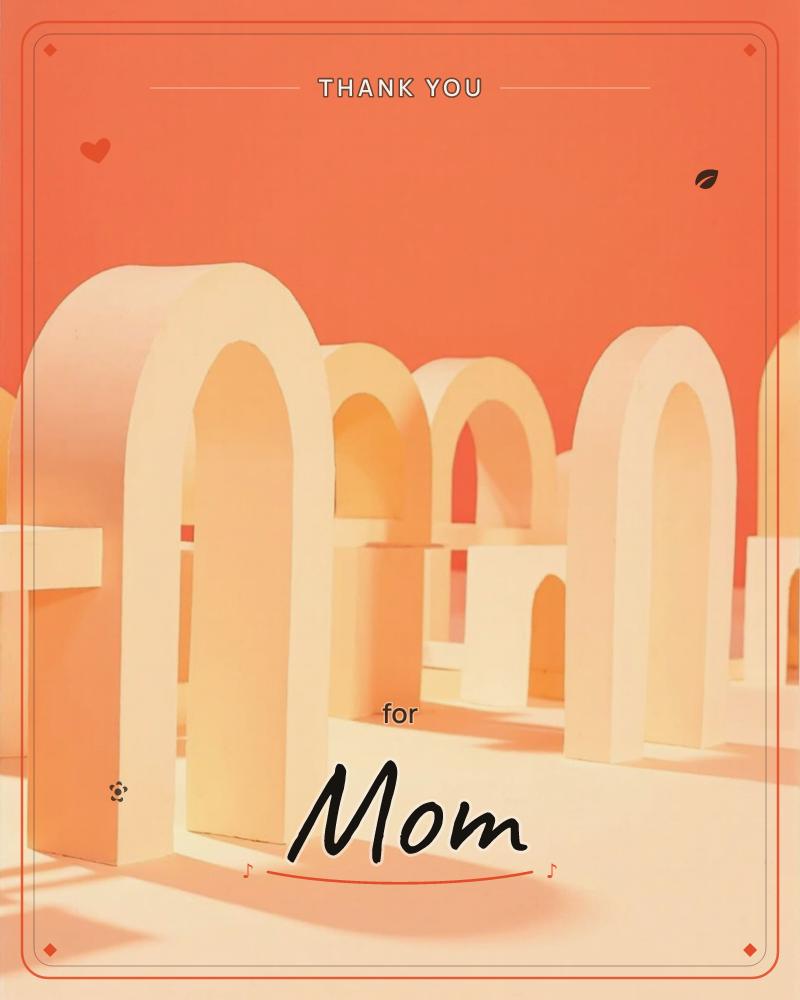 A cluster of pale cream archways stands in staggered rows against a bold burnt-orange backdrop, like a miniature stage set, a thankyou e-card design