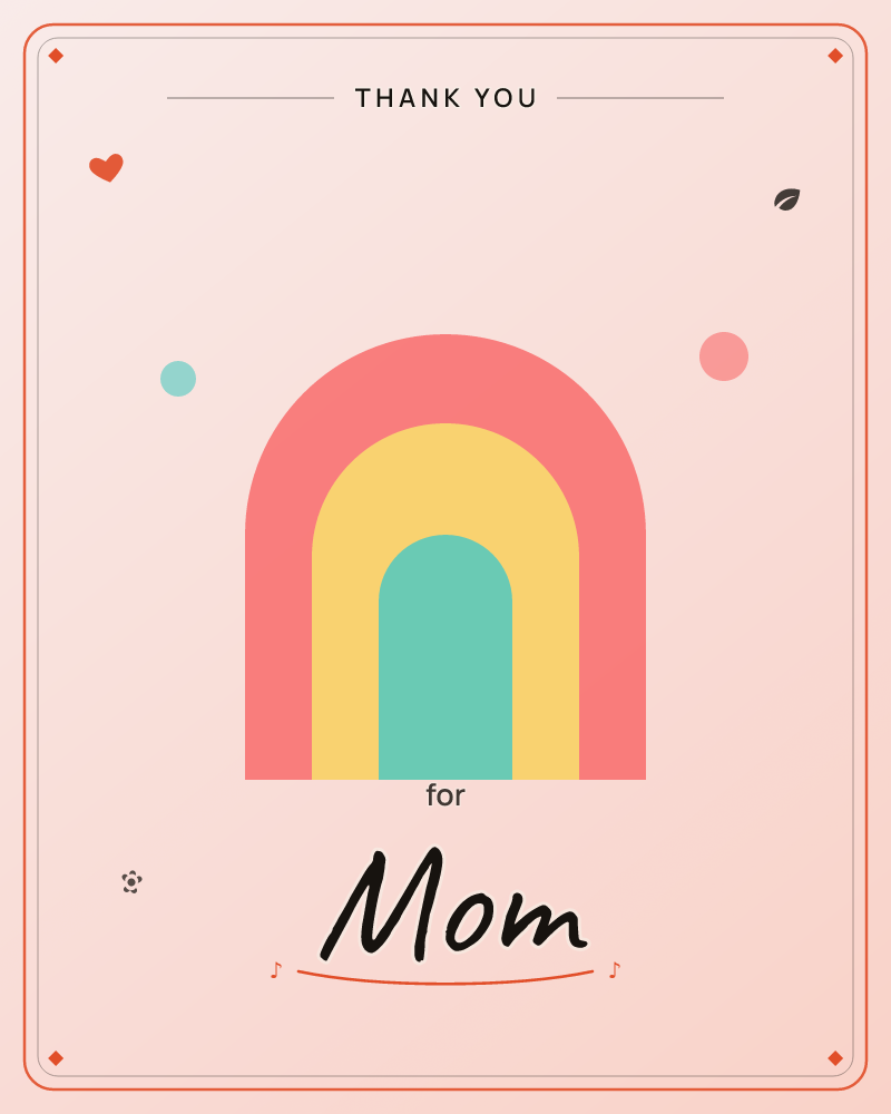 A simple flat-vector rainbow arch in coral, yellow, and mint sits centred on a soft blush pink background, with two small dots floating beside it like…, a thankyou e-card design by @DittyCityTeam