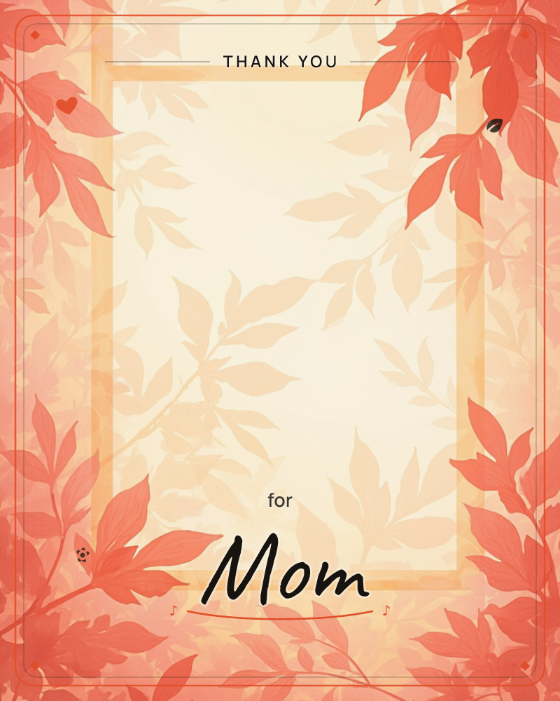 A cream-and-gold rectangular frame is bordered by clusters of coral-red autumn leaves spilling in from each corner, with softer ghosted leaf…, a thankyou e-card design