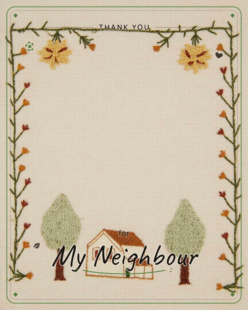 An embroidered card shows a small cottage with a rust-red roof nestled between two rounded evergreen trees, stitched in soft sage green thread, a thankyou e-card design