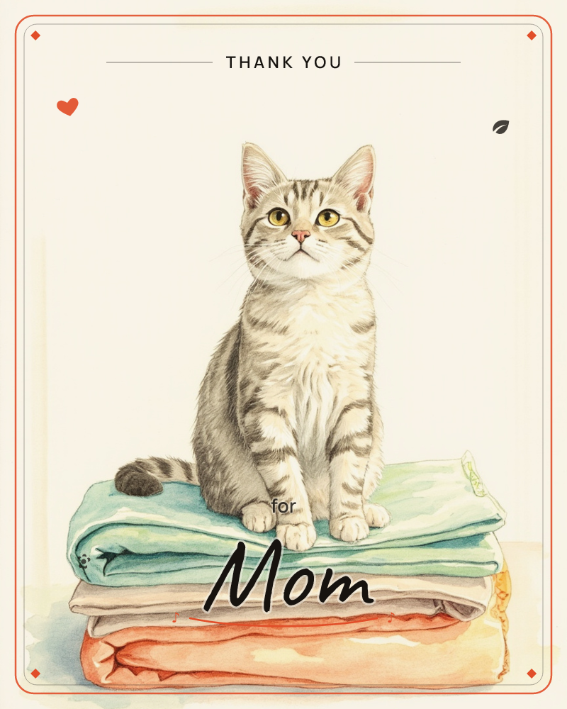 A grey tabby cat sits primly on a folded stack of mint-green towels, tail curled around its paws and ears pricked forward, a thankyou e-card design