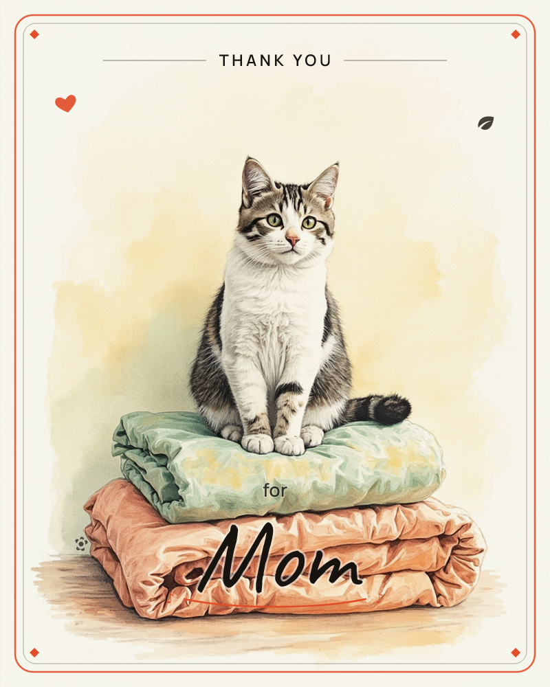 A tabby-and-white cat sits neatly atop a folded stack of linens, a soft mint blanket over a peach one, its tail curled around its paws, a thankyou e-card design