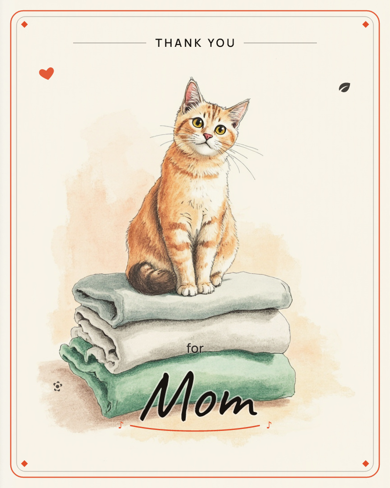 An orange tabby cat sits neatly upright on a folded stack of soft towels in shades of sage, cream and green, its tail curled around its paws, a thankyou e-card design
