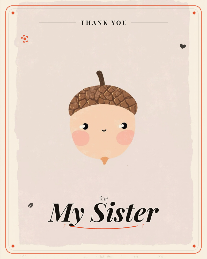 A single acorn is drawn as a cheerful little face, with round rosy cheeks, a tiny smile, and a textured brown cap sitting on top like a hat, a thankyou e-card design