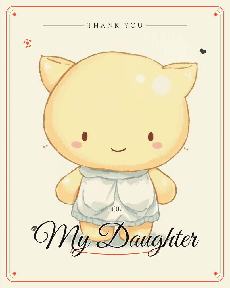 A round-headed yellow cat character with pointed ears stands against a soft cream background, wearing a simple pale blue smock dress with a ruffled hem, a thankyou e-card design