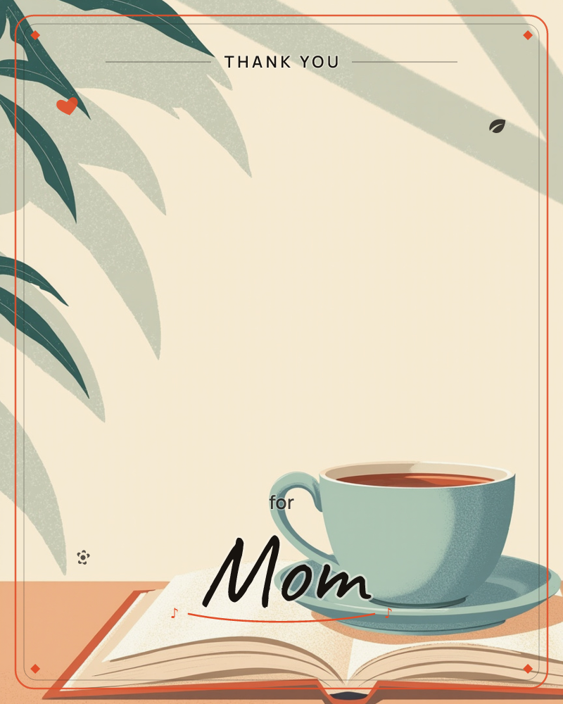A teal cup of tea rests on its saucer atop an open book on a warm terracotta tabletop, with long palm-leaf shadows stretching across a soft cream wall…, a thankyou e-card design