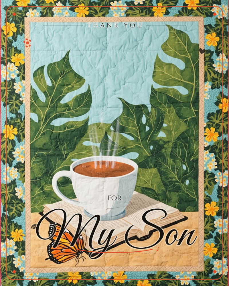 A steaming white teacup rests on an open book atop a sandy surface, with a monarch butterfly perched on the page beside it, a thankyou e-card design