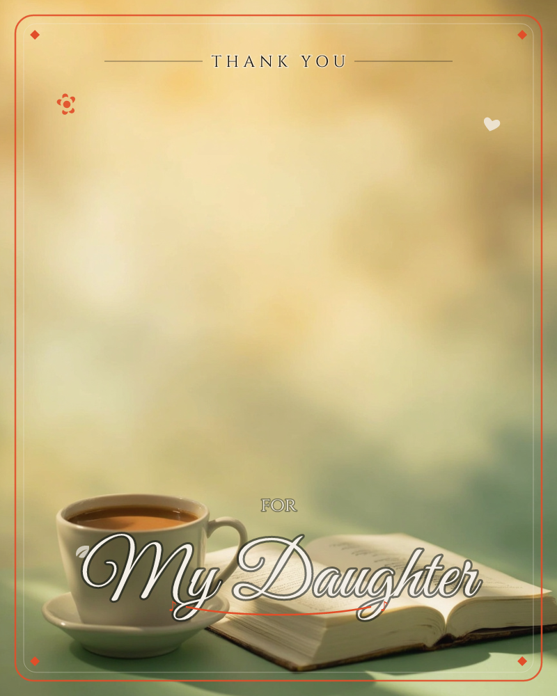 A white teacup filled with tea sits beside an open book on a soft sage-green surface, both bathed in warm golden light with a dreamy blurred background, a thankyou e-card design