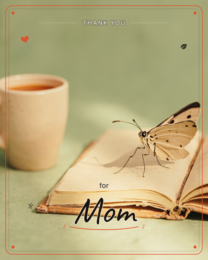 A pale mug of tea sits beside an open, well-worn book on a soft sage green surface, with an oversized cream-and-black spotted butterfly perched on its…, a thankyou e-card design