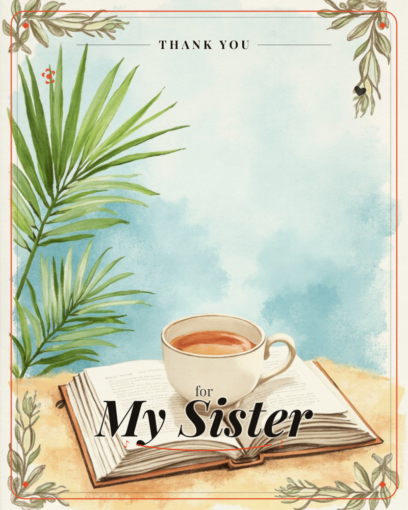 A cream teacup filled with amber tea rests on the open pages of a well-worn book, set against a soft watercolour sky of pale blue, a thankyou e-card design