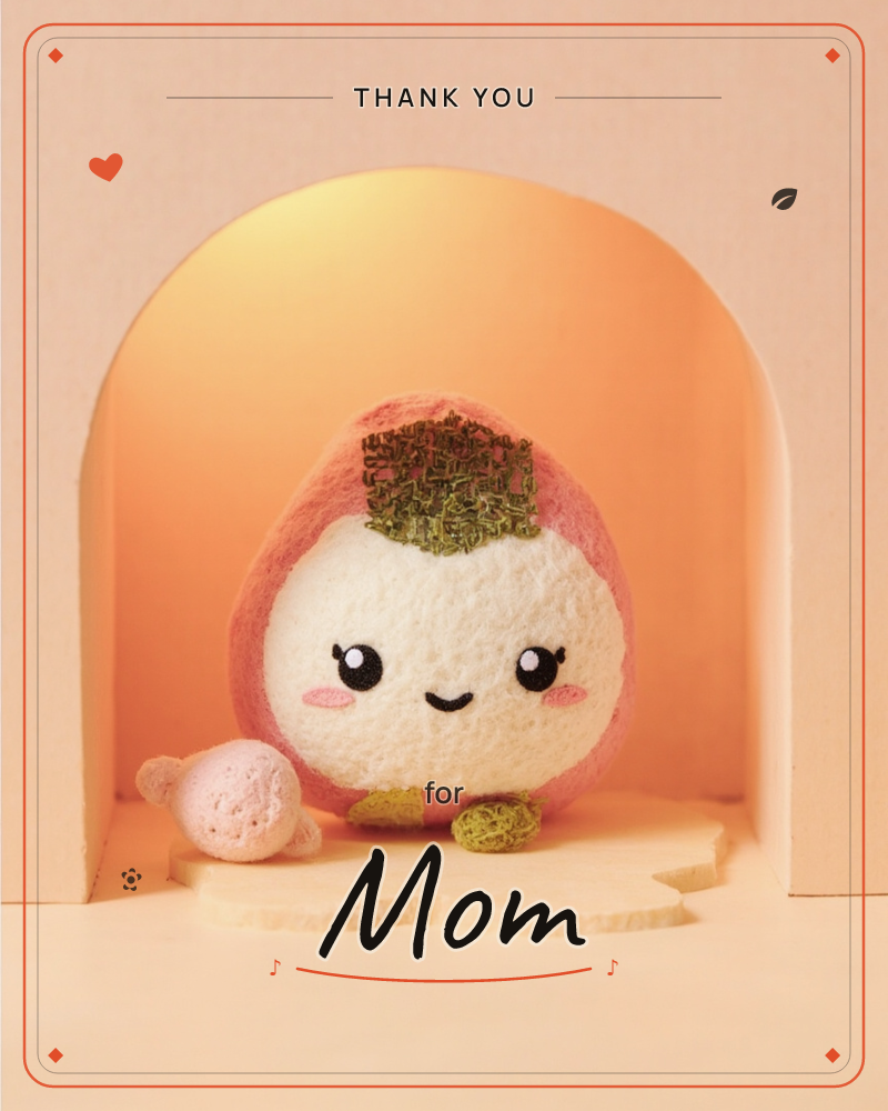A plush peach-shaped character with a felted green leaf tuft and a smiling stitched face sits inside a glowing peach-toned archway, perched on a pale…, a thankyou e-card design