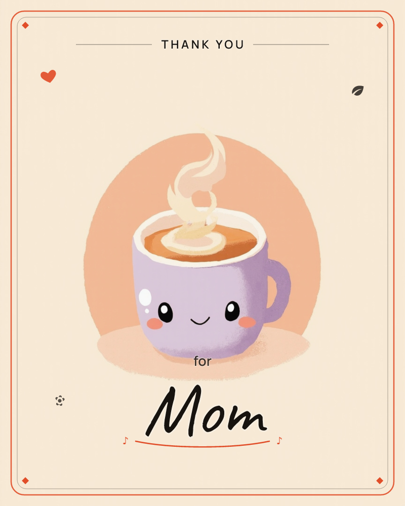 A cheerful lavender mug with a smiling face and rosy cheeks sits centred against a peach circle backdrop, filled with milky coffee and a curling wisp…, a thankyou e-card design