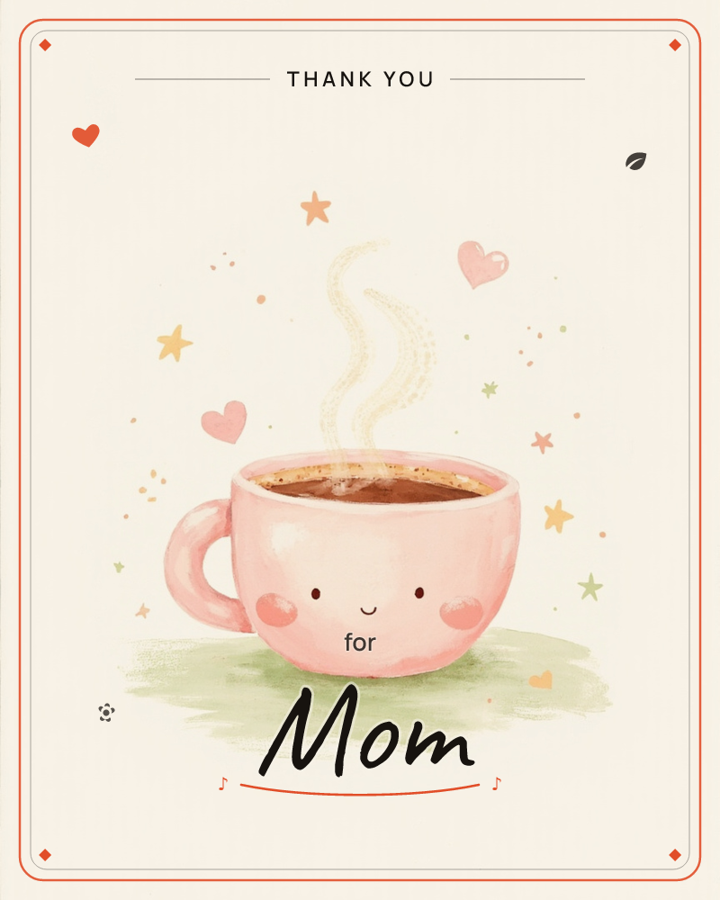 A round pink mug with a smiling face and rosy cheeks sits full of steaming coffee, its wisps curling upward into a scatter of small stars and hearts, a thankyou e-card design