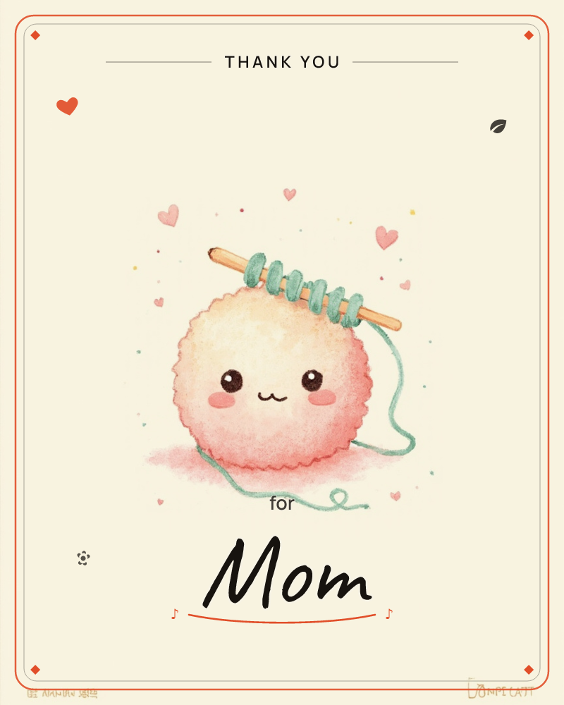 A round, blushing yarn ball with a tiny smiling face sits on a soft cream background, a mint-green thread looped around a knitting needle balanced on top, a thankyou e-card design