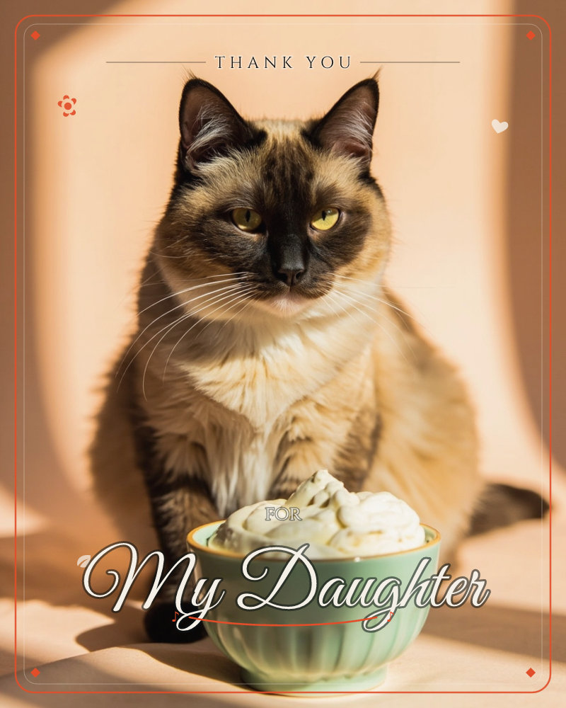 A siamese-marked cat sits squarely behind a small teal bowl piled high with whipped cream, its half-lidded eyes giving off a look of pure unimpressed…, a thankyou e-card design