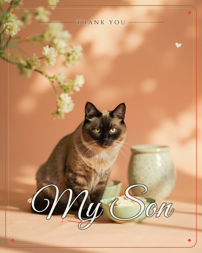 A tortoiseshell cat sits alert against a warm terracotta backdrop, flanked by a sprig of tiny white blossoms and a pale mint bowl of something creamy…, a thankyou e-card design