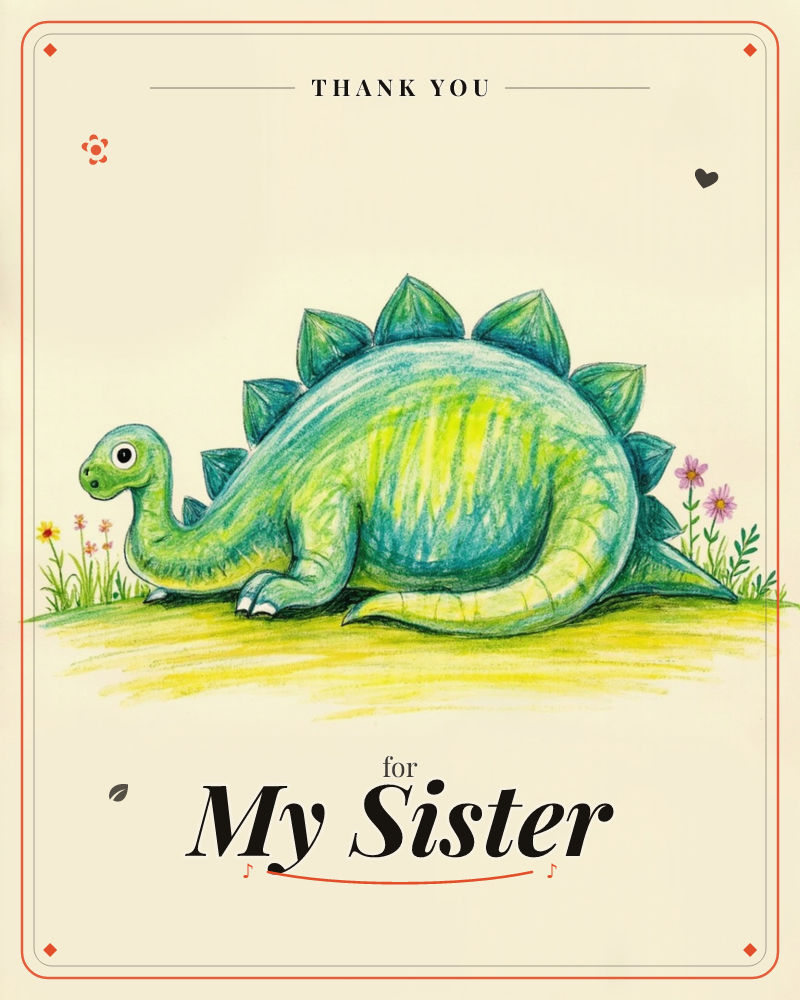 A round, friendly stegosaurus in blended green and yellow crouches low on a patch of scribbled grass, its row of triangular back-plates fanning up…, a thankyou e-card design