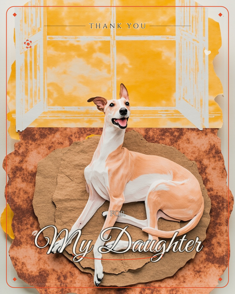A tan and white whippet lies curled on a textured tan cushion, ears perked and mouth open in a happy pant, set against an open white-framed window…, a thankyou e-card design