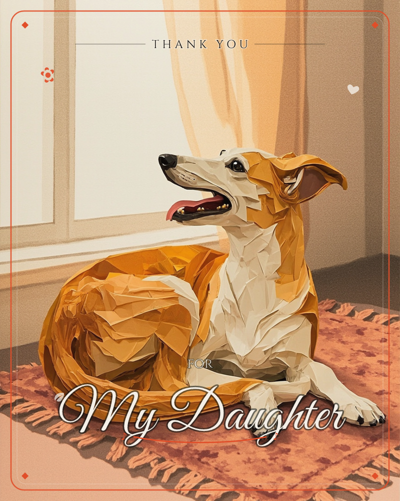 A tan and white greyhound curls up on a fringed rug in front of a sunlit window, its tongue lolling out in a happy pant, a thankyou e-card design