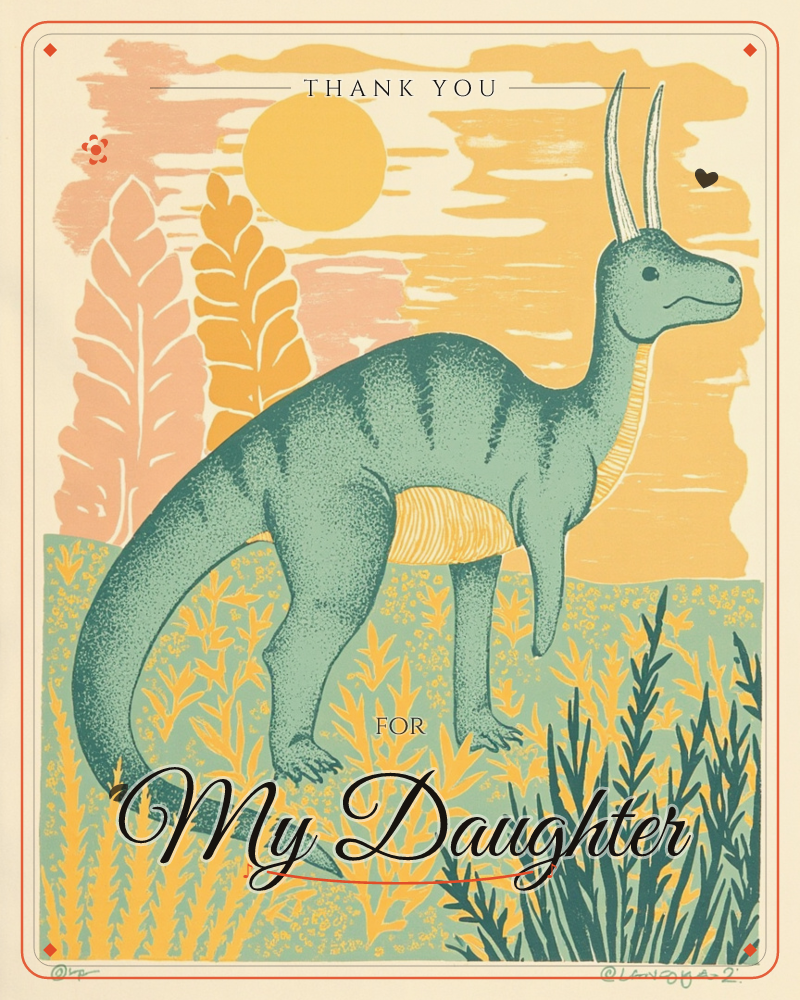 A long-crested dinosaur stands among tall grasses under a glowing orange sun, its sage-green body textured with fine stippled shading, a thankyou e-card design