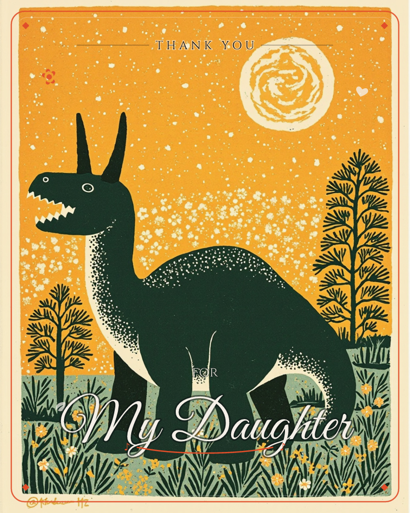 A dark green horned dinosaur stands roaring in a starry meadow, its long neck curving beneath a swirling cream moon on a burnt-orange sky, a thankyou e-card design