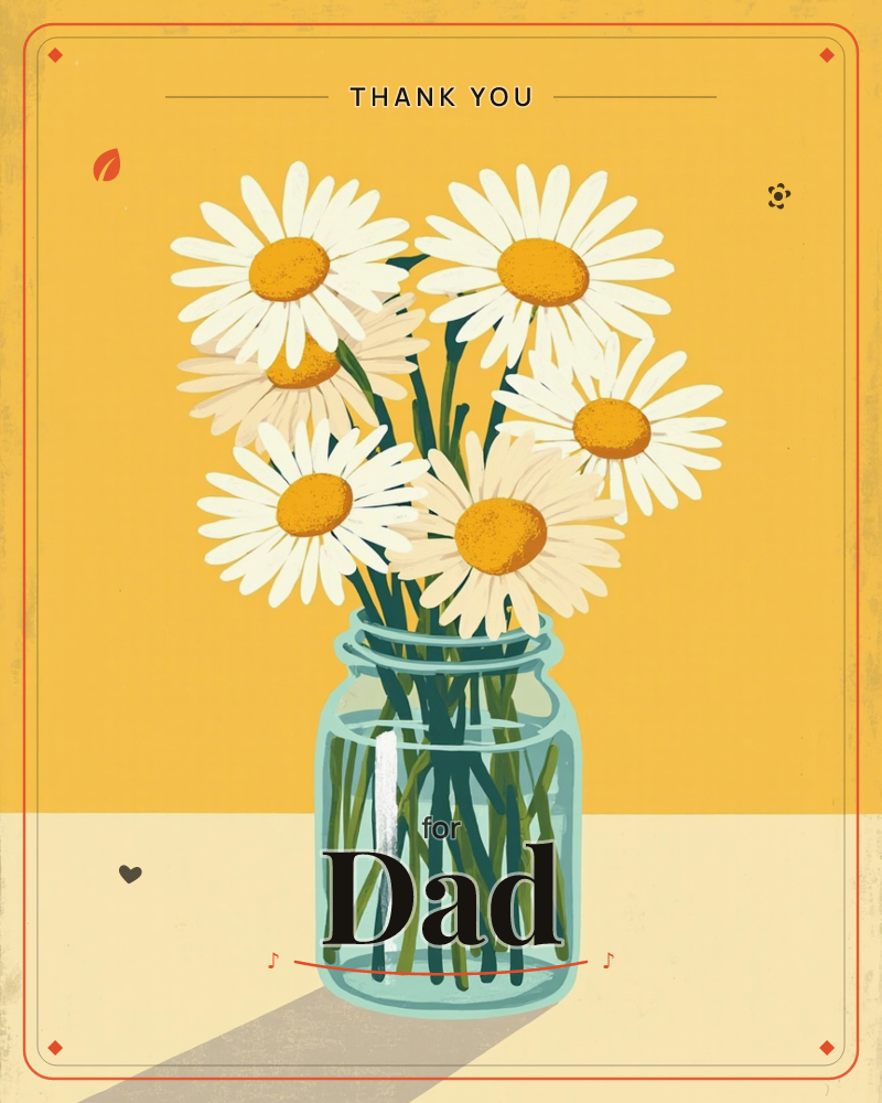 A cluster of white daisies with bright yellow centres sits in a glass mason jar filled with water, the stems crisscrossing visibly through the glass, a thankyou e-card design