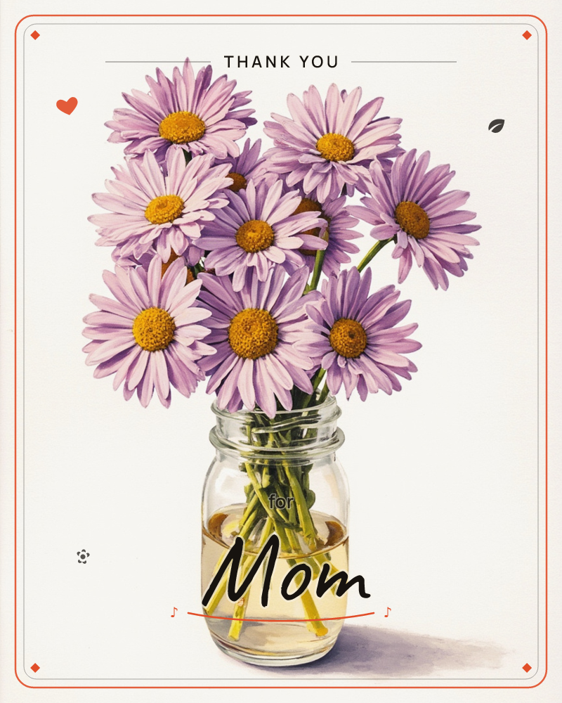 A cluster of pale purple daisies with golden centers sits bunched in a glass mason jar filled with water, their green stems visible beneath the surface, a thankyou e-card design