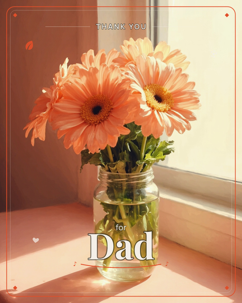 A glass jar of peach-coloured gerbera daisies sits on a sunlit windowsill, their petals glowing where the afternoon light passes through, a thankyou e-card design