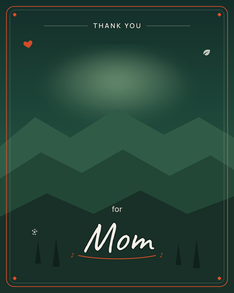 A layered mountain range in deep forest green recedes into a glowing haze above the peaks, like moonlight breaking through night mist, a thankyou e-card design by @DittyCityTeam