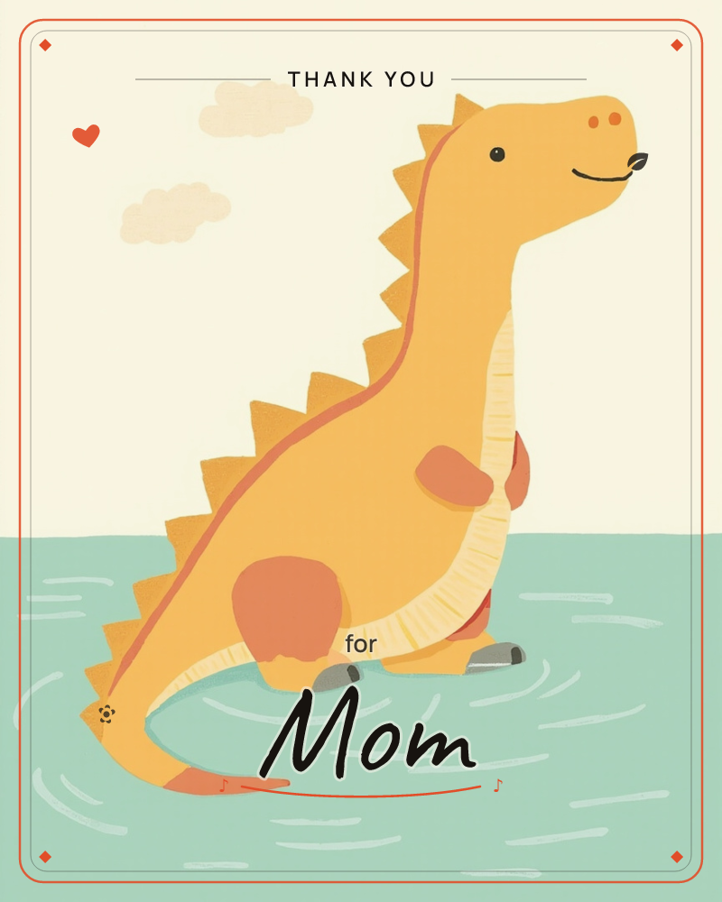 A friendly yellow dinosaur with a long curved neck and a row of triangle spikes down its back wades happily through pale teal water, its long tail…, a thankyou e-card design