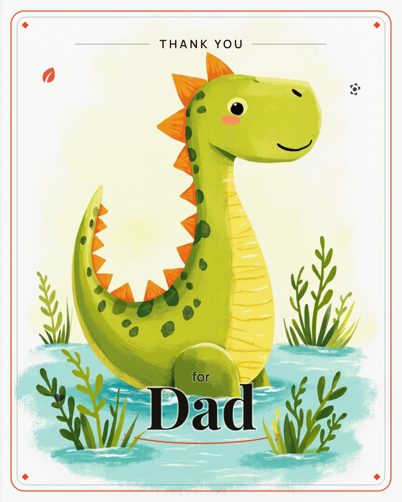 A cheerful green dinosaur with orange spikes and dark spots wades through a shallow pond, its long curved neck and tail rising above the water, a thankyou e-card design