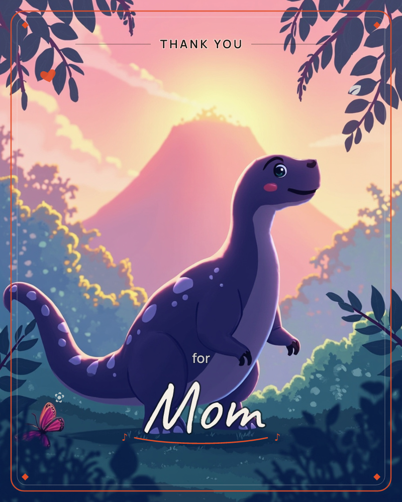 A round-bellied purple dinosaur stands smiling among jungle leaves, watching a small pink butterfly at its feet while a volcano glows behind it in a…, a thankyou e-card design