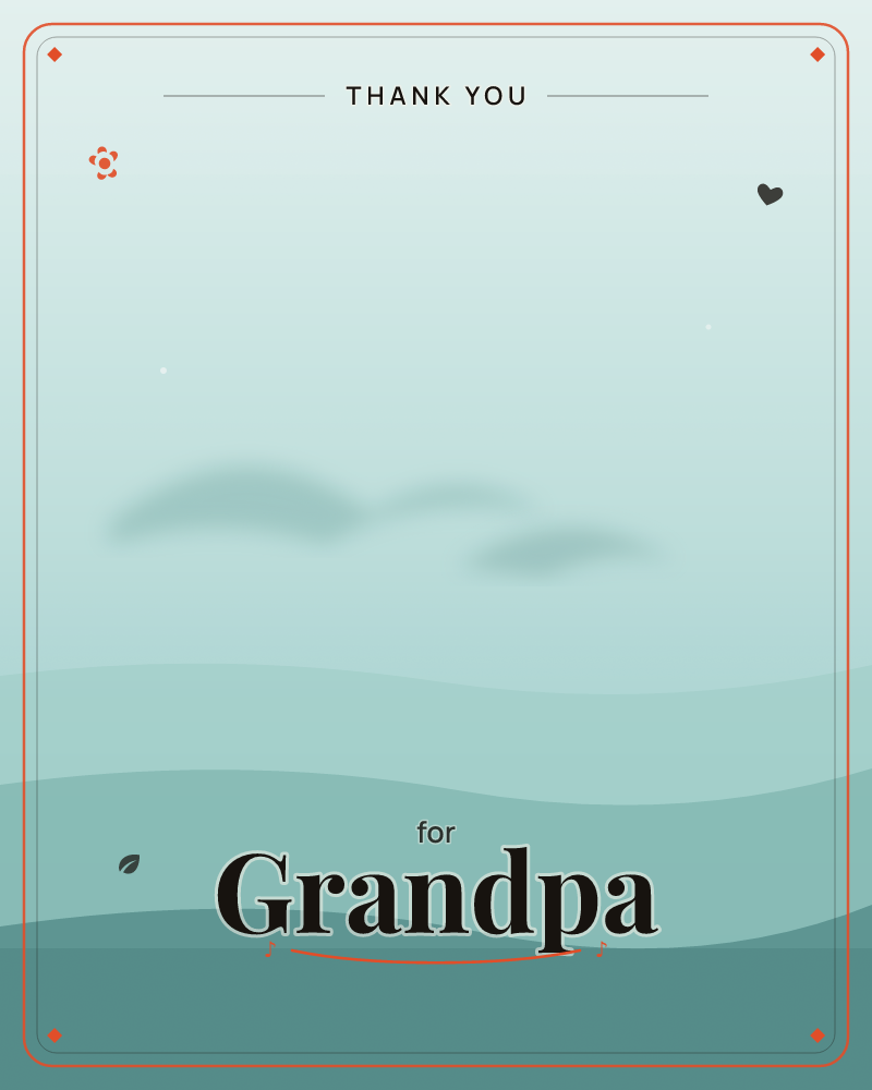 A quiet layered landscape of soft rolling hills fading into a misty teal sky, with faint blurred clouds hanging low and two small stars just visible…, a thankyou e-card design by @DittyCityTeam