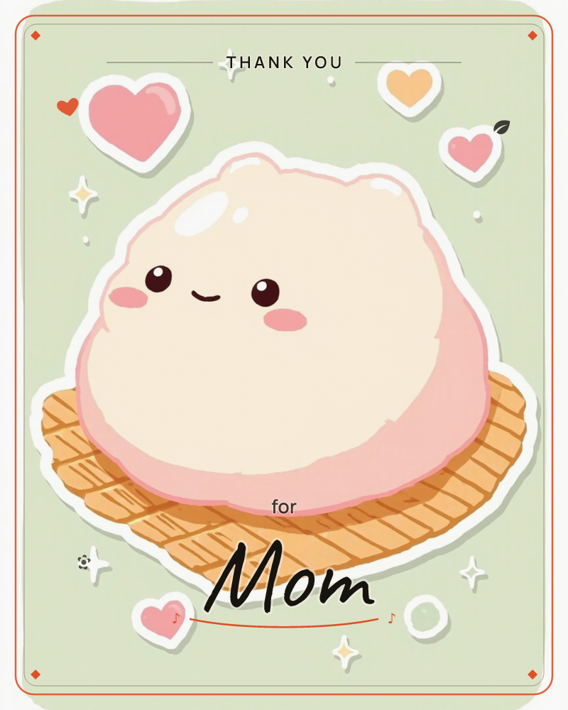 A round, cream and pink scoop with a sleepy smiling face sits perched on a woven wicker mat, against a soft sage-green background, a thankyou e-card design