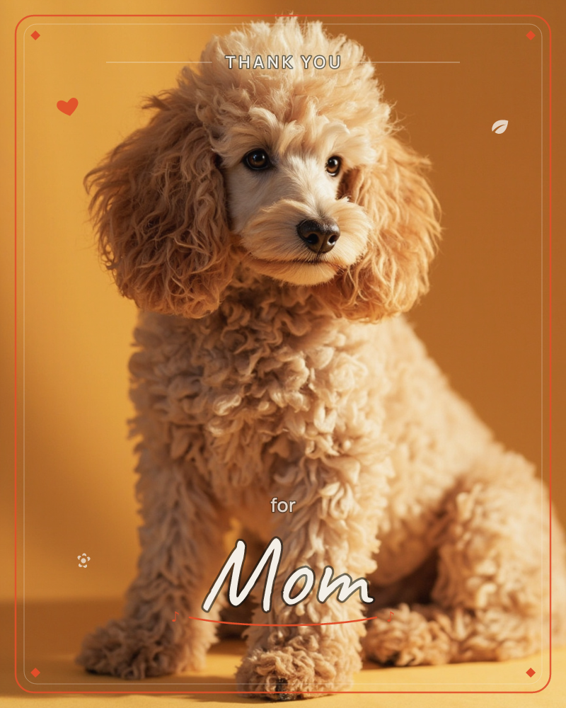 A curly-coated apricot poodle sits facing the camera against a warm amber background, its head tilted slightly with an alert, curious expression, a thankyou e-card design